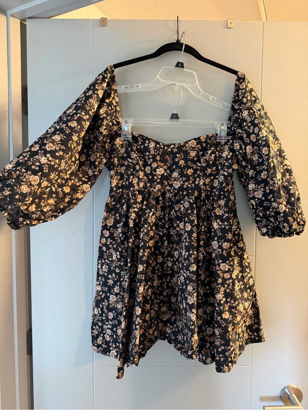 Altar'd State Black Floral Puff-Sleeve Dress with Beige Blooms